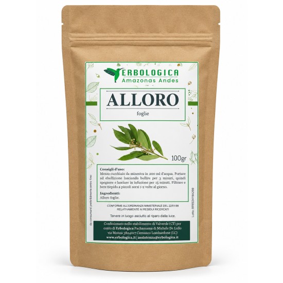 Busta kraft Erbologica Amazonas Andes con Alloro foglie taglio tisana 100gr, confezione per uso alimentare.