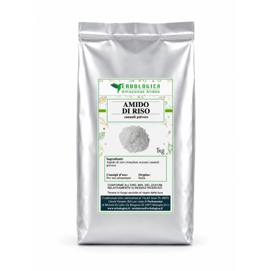 Confezione da 1 kg di Amido di riso cannuli in polvere Erbologica Amazonas Andes con immagine del prodotto in etichetta.