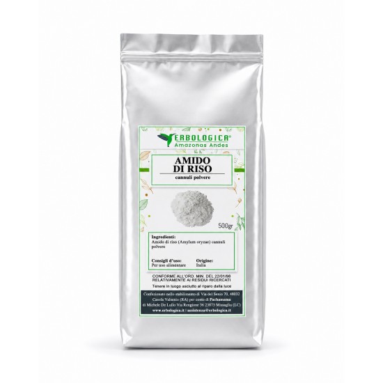 Pack da 500 g di Amido di riso cannuli in polvere Erbologica Amazonas Andes con grafica del prodotto frontale.