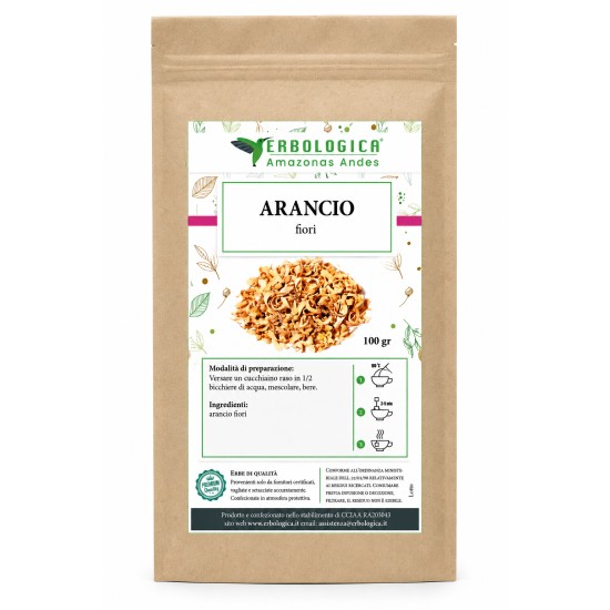 usta di carta kraft Erbologica Amazonas Andes con Arancio fiori tisana 100 gr ed etichetta botanica verde.