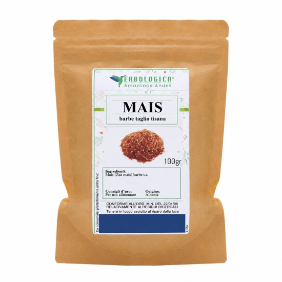 Confezione da 100g di Mais barbe taglio tisana Erbologica Amazonas Andes in busta kraft su sfondo bianco.