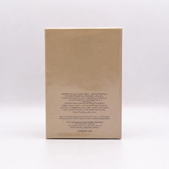 Retro della confezione da 100 ml di Burberry Hero Eau de Toilette Natural Spray con elenco ingredienti, informazioni di sicurezza e dati del produttore.
