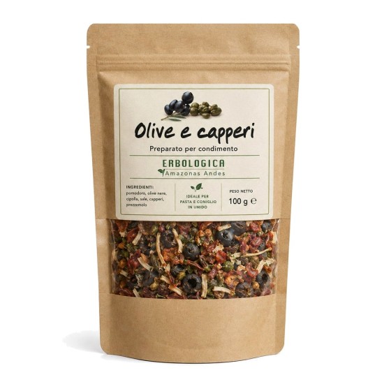 Preparato per la cucina olive e capperi Preparato per la cucina olive e capperi Erbologica 100 g con pomodoro, olive nere, cipolla, sale, capperi e prezzemolo