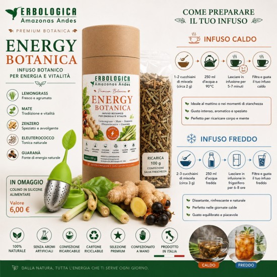 Confezione Energy Botanica infuso botanico premium con Lemongrass, Mate, Zenzero, Eleuterococco e Guaranà