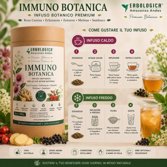 Immuno Botanica Premium con Rosa Canina, Echinacea, Zenzero, Melissa e Sambuco - Infuso botanico confezionato a mano in Italia
