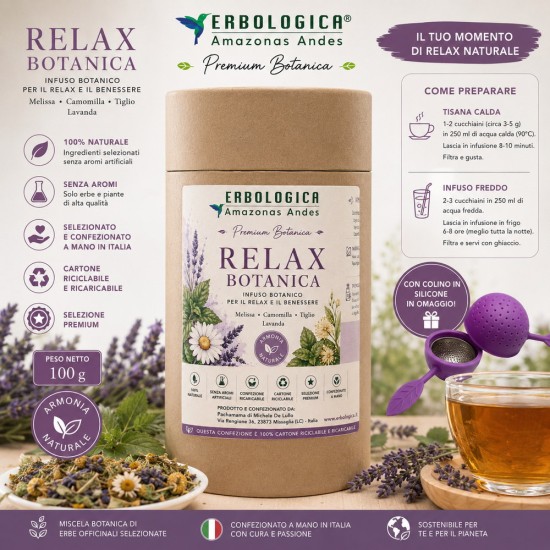 Relax Botanica Premium con Melissa, Camomilla, Tiglio e Lavanda - Infuso botanico confezionato a mano in Italia
