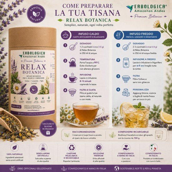 Relax Botanica Premium con Melissa, Camomilla, Tiglio e Lavanda - Infuso botanico confezionato a mano in Italia