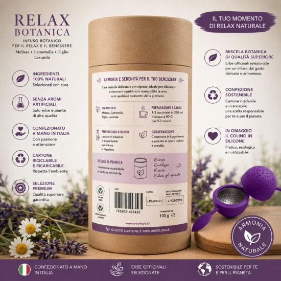 Relax Botanica Premium con Melissa, Camomilla, Tiglio e Lavanda - Infuso botanico confezionato a mano in Italia