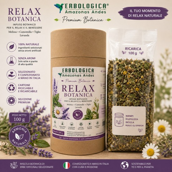 Relax Botanica Premium con Melissa, Camomilla, Tiglio e Lavanda - Infuso botanico confezionato a mano in Italia