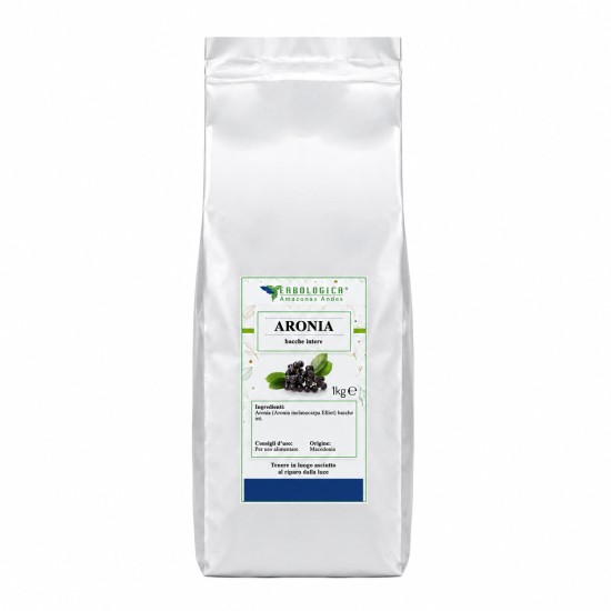 Busta argentata da 1kg di Aronia bacche intere Erbologica Amazonas Andes con etichetta frontale botanica.