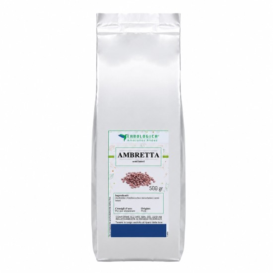 Confezione argento da 500 g di Ambretta semi interi Erbologica Amazonas Andes con etichetta frontale del prodotto.