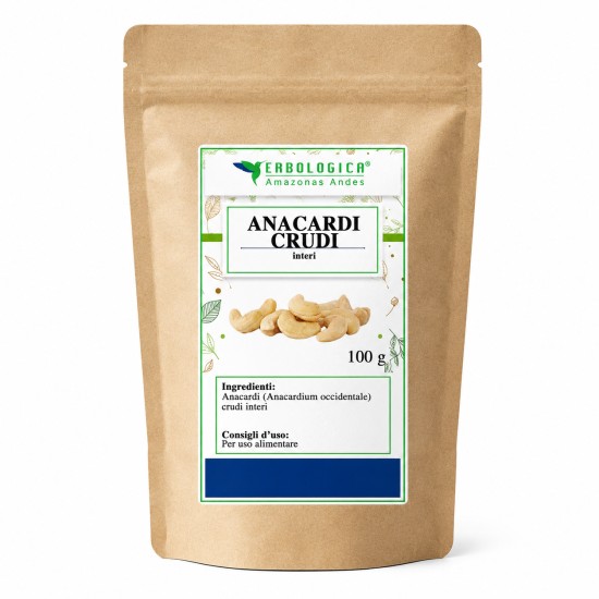 Pouch kraft da 100 g di Anacardi crudi interi Erbologica Amazonas Andes con etichetta botanica frontale.