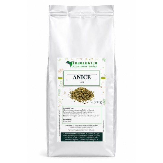Busta argento Erbologica Amazonas Andes con etichetta anice semi da 1 kg su sfondo bianco.