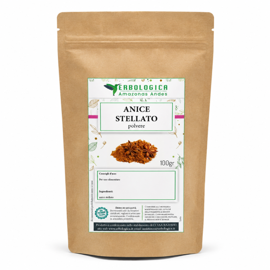 Anice stellato polvere 100 g Erbologica Amazonas Andes Busta kraft Erbologica Amazonas Andes con etichetta di anice stellato in polvere da 100 g su sfondo bianco.