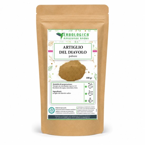 Busta kraft da 100g di Artiglio del Diavolo polvere Erbologica Amazonas Andes con etichetta botanica frontale.