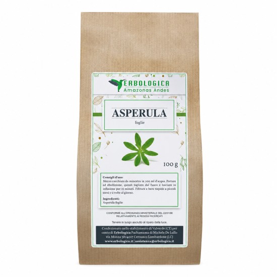 Asperula Foglie Erbologica Amazonas Andes 100g Busta kraft da 100g di Asperula foglie Erbologica Amazonas Andes con etichetta botanica frontale.