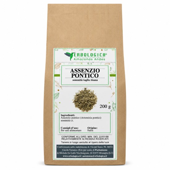 Assenzio Pontico Sommità Taglio Tisana Erbologica Amazonas Andes 200g Busta kraft da 200g di Assenzio Pontico sommità taglio tisana Erbologica Amazonas Andes con etichetta botanica frontale.