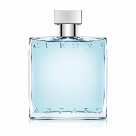 Flacone di profumo Azzaro Chrome Eau de Toilette da 100 ml con design elegante e vetro azzurro.