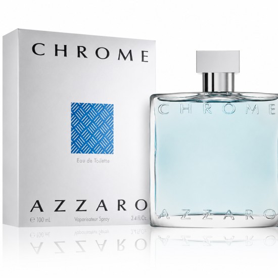 Flacone di Azzaro Chrome Eau de Toilette da 100 ml con confezione originale in elegante foto prodotto professionale su sfondo bianco.