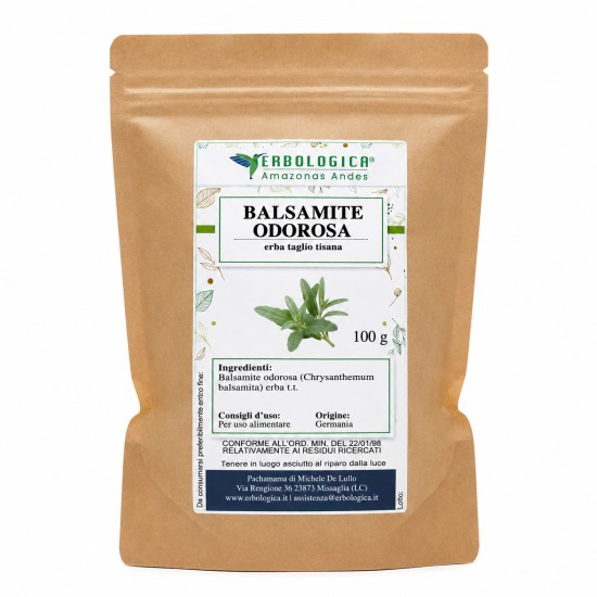Balsamite Odorosa Erbologica in busta kraft da 100g, erba taglio per tisana su sfondo bianco.