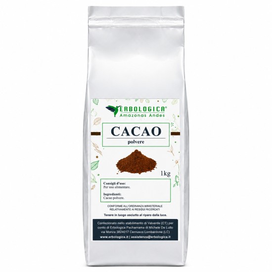 Pouch argentato da 1kg di Cacao Polvere Erbologica Amazonas Andes con etichetta frontale bianca decorata con motivi botanici e immagine del cacao in polvere.