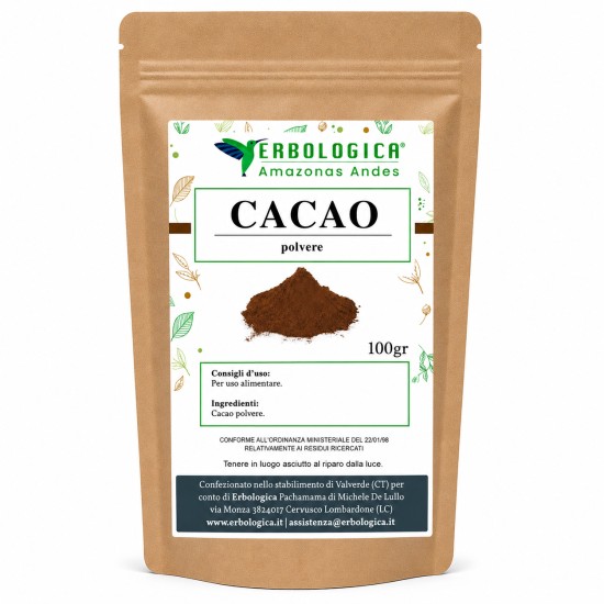 Sacchetto kraft da 100g di Cacao Polvere Erbologica Amazonas Andes con etichetta frontale bianca e immagine del cacao in polvere.