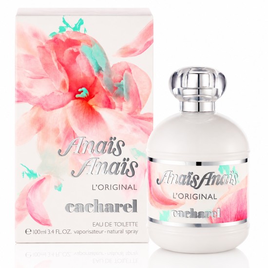 Confezione e flacone di Cacharel Anaïs Anaïs L'Original Eau de Toilette 100ml con grafica floreale rosa e dettagli argentati su sfondo bianco.