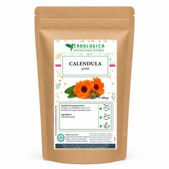 Sacchetto kraft da 100g di Calendula Petali Erbologica Amazonas Andes con etichetta illustrata frontale