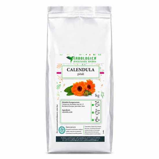 Busta argentata da 1kg di Calendula Petali Erbologica Amazonas Andes con etichetta frontale illustrata