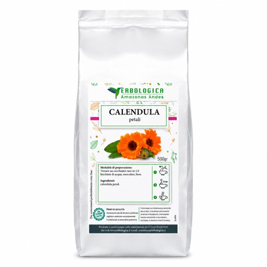 Confezione argentata da 500g di Calendula Petali Erbologica Amazonas Andes con etichetta frontale illustrata