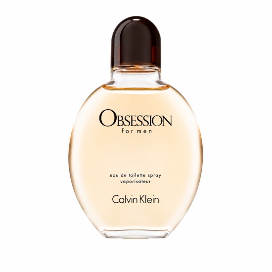 Flacone di Calvin Klein Obsession for Men Eau de Toilette Spray 125 ml su sfondo bianco con profumo color ambra chiaro.