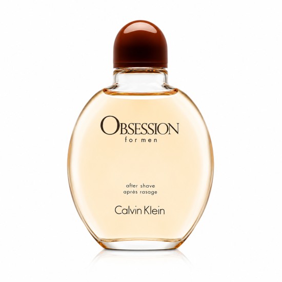 Flacone e confezione da 125ml di Calvin Klein Obsession For Men After Shave su sfondo bianco professionale con riflesso leggero