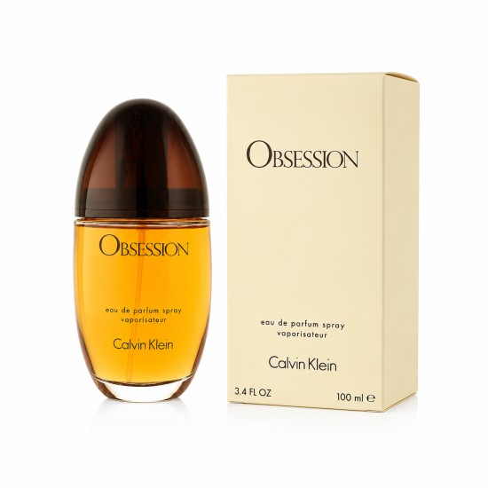 Flacone e confezione da 100ml di Calvin Klein Obsession Eau de Parfum su sfondo bianco