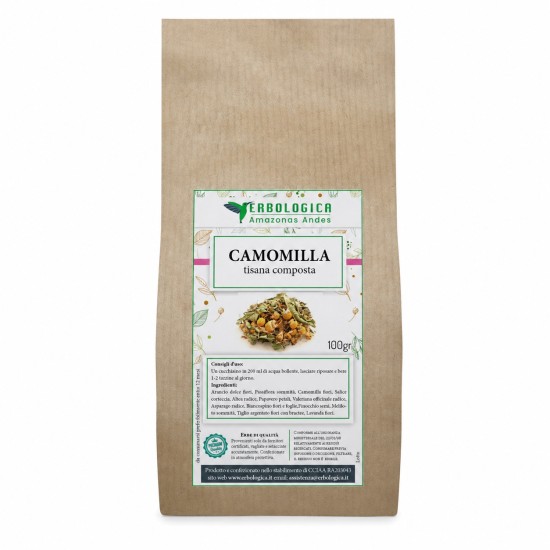 Sacchetto kraft da 100g di Camomilla Tisana Composta Erbologica Amazonas Andes con miscela di erbe officinali per infuso.