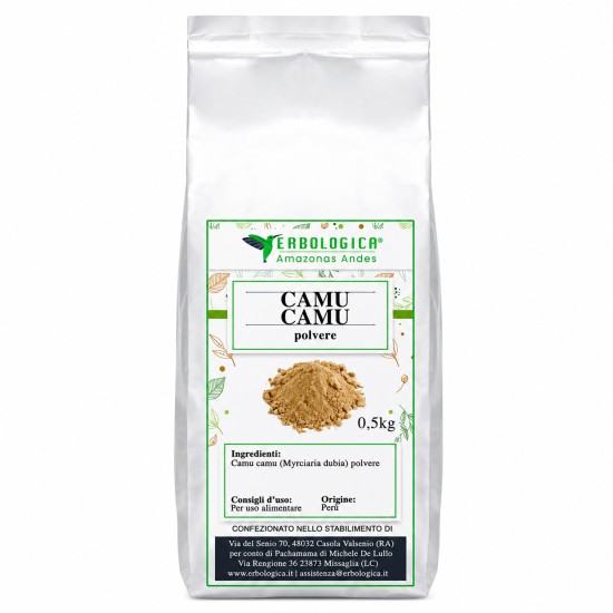 Pouch argentato da 500g di Camu Camu Polvere (Myrciaria dubia) Erbologica Amazonas Andes.