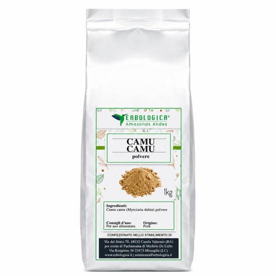 Confezione argentata da 1kg di Camu Camu Polvere (Myrciaria dubia) Erbologica Amazonas Andes.