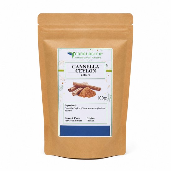 Busta kraft da 100g di Cannella Ceylon in polvere (Cinnamomum zeylanicum) Erbologica Amazonas Andes.