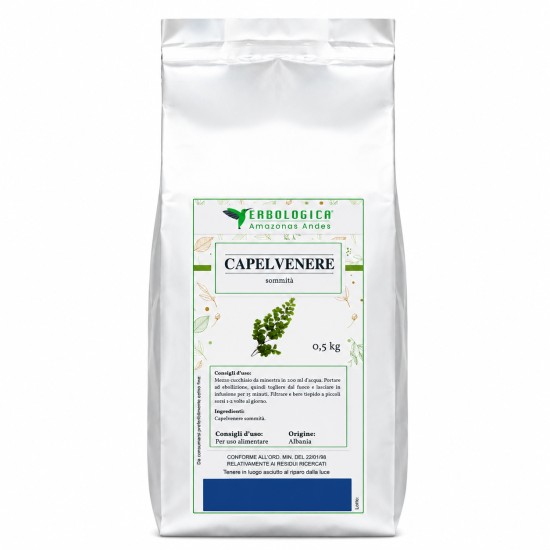 Pouch argentato da 500g di Capelvenere Sommità Erbologica Amazonas Andes con etichetta botanica frontale.