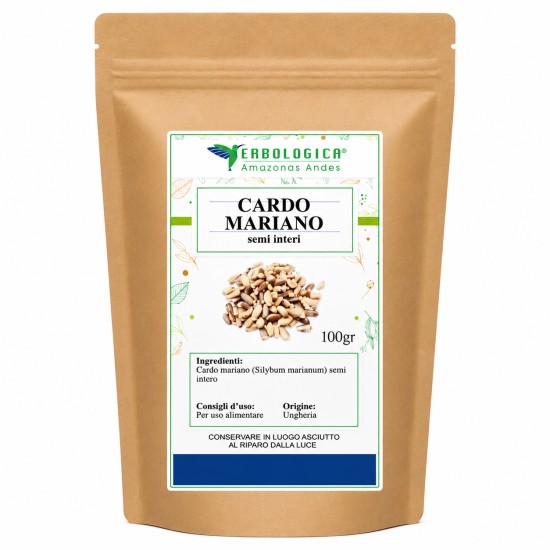 Sacchetto kraft da 100g di Cardo Mariano (Silybum marianum) semi interi Erbologica Amazonas Andes