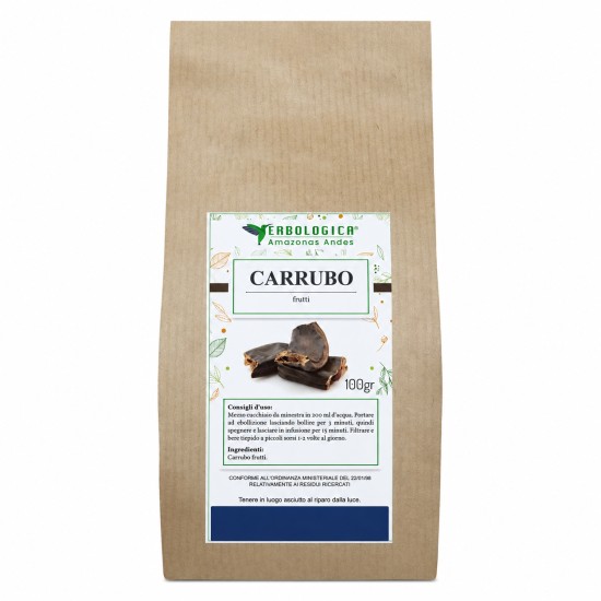 Sacchetto kraft da 100g di Carrubo Frutti Erbologica Amazonas Andes con pezzi di carruba essiccata in confezione per tisana e uso alimentare.