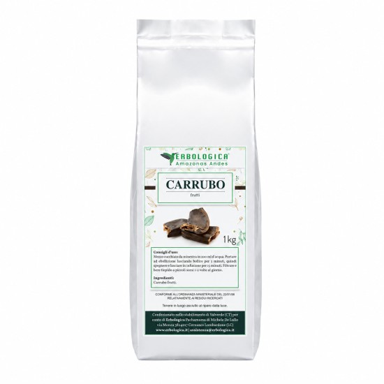 Confezione argentato da 1kg di Carrubo Frutti Erbologica Amazonas Andes con etichetta frontale del prodotto.
