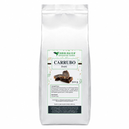 Pouch argentato da 500g di Carrubo Frutti Erbologica Amazonas Andes con etichetta frontale del prodotto.