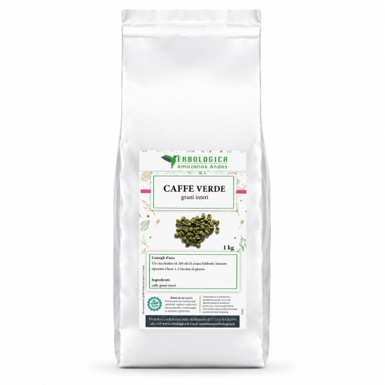 Pouch argentato da 1kg di Caffè Verde Grani Interi Erbologica Amazonas Andes con etichetta botanica frontale e immagine dei chicchi di caffè verde.