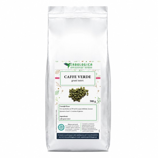 Confezione argentata da 500g di Caffè Verde Grani Interi Erbologica Amazonas Andes con etichetta frontale botanica e immagine dei chicchi di caffè verde.