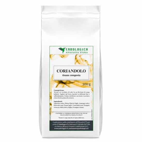Coriandolo Tisana Composta 500gr Erbologica Amazonas Andes Confezione Coriandolo Tisana Composta 500gr Erbologica Amazonas Andes in busta richiudibile per infuso naturale.