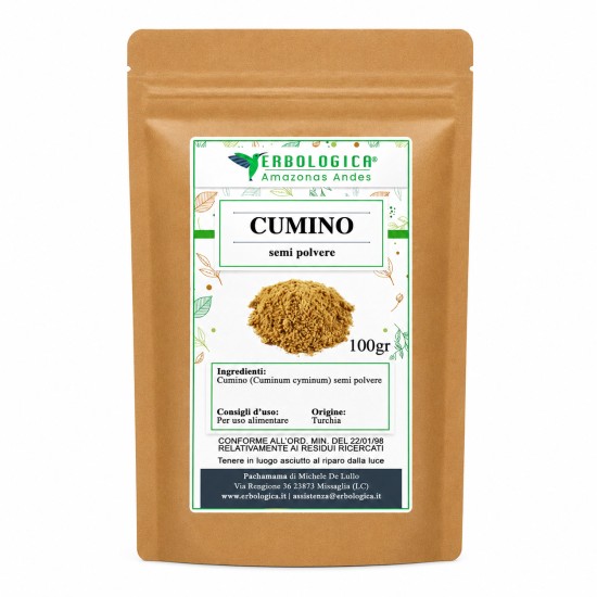 Cumino Semi in Polvere 100 g Erbologica Amazonas Andes in busta kraft richiudibile con etichetta frontale