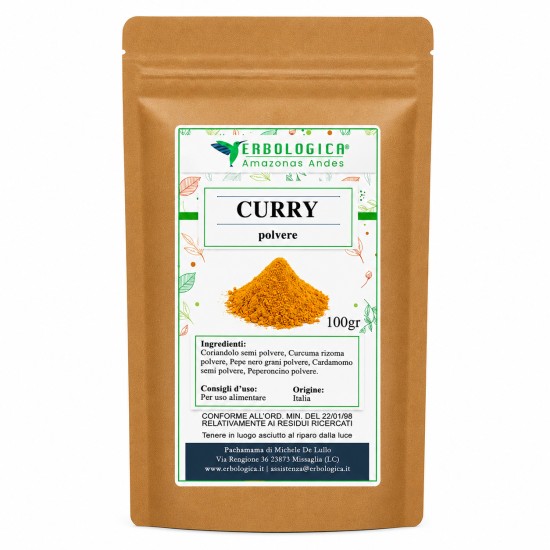 Curry in Polvere 100g Erbologica Amazonas Andes in confezione richiudibile, miscela di spezie naturali per condire carne, verdure, riso e ricette etniche.
