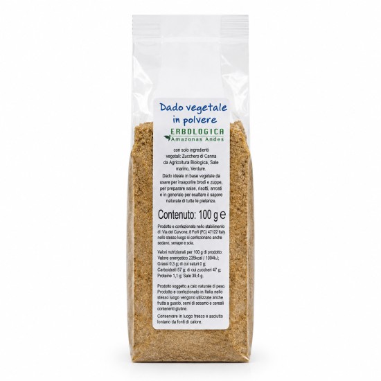 Dado Vegetale in Polvere 100g Erbologica Amazonas Andes Condimento Naturale Dado Vegetale in Polvere 100g Erbologica Amazonas Andes in confezione richiudibile, condimento naturale per brodi, zuppe, risotti e preparazioni in cucina.