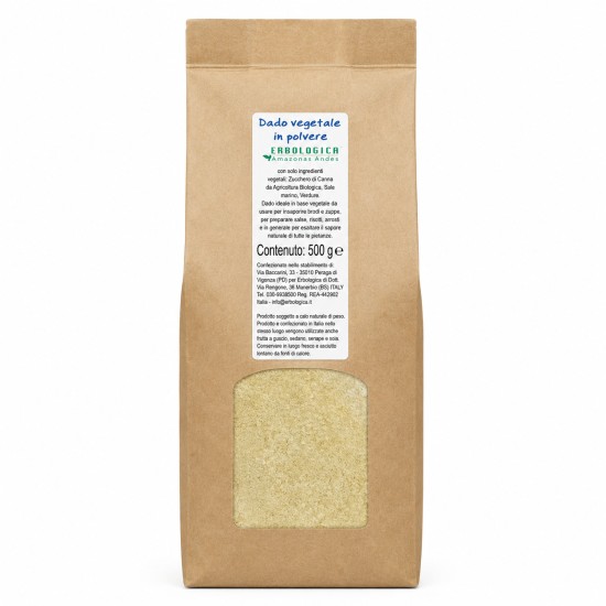 Confezione Dado Vegetale in Polvere 500 g Erbologica Amazonas Andes Confezione di Dado Vegetale in Polvere 500 g Erbologica Amazonas Andes in busta richiudibile per uso alimentare.