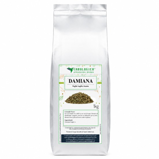 Confezione da 1 kg di Damiana Foglie Taglio Tisana Erbologica Amazonas Andes in busta richiudibile per uso alimentare.